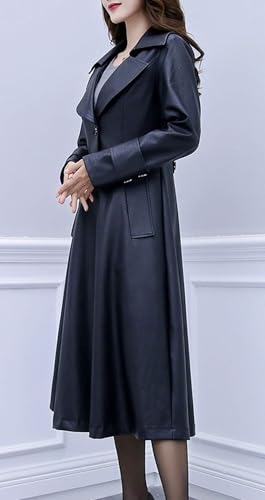 Women's Elegant Lapel Collar 2 Button Fit-Flare Pu Leather Long Trench Coat