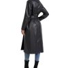 Women's Black Faux Leather Long Coat PU Leather Notched Lapel Trench Coat Open Front Maxi Jacket Overcoat
