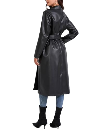 Women's Black Faux Leather Long Coat PU Leather Notched Lapel Trench Coat Open Front Maxi Jacket Overcoat
