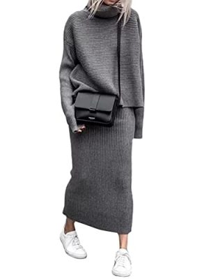 Women's Turtleneck 2 Piece Outfits Ribbed Knit Sweater Midi Pencil Skirt Set