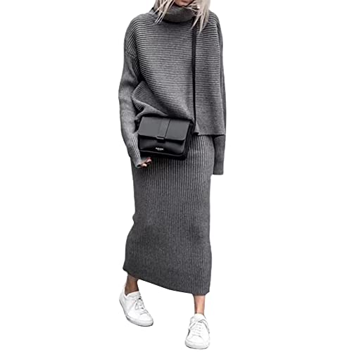 Women's Turtleneck 2 Piece Outfits Ribbed Knit Sweater Midi Pencil Skirt Set