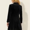 Women's Velvet Jacket Contrast Trim Pockets Stand Collar Single Breasted Long Coat