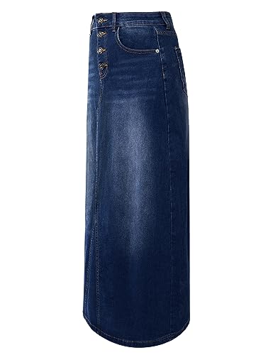 Womens Long Denim Skirt Casual A-Line Stretch Jean Skirt for Women High Waisted Vintage Denim Maxi Skirt with Pockets Blue
