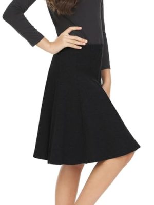 Girls' School Uniform Pleated Pull-on Knee Length Ribbed Cotton Panel Skirt, Knit Waistband