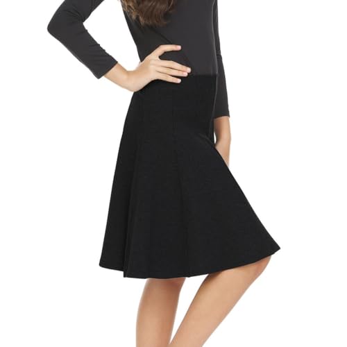 Girls' School Uniform Pleated Pull-on Knee Length Ribbed Cotton Panel Skirt, Knit Waistband