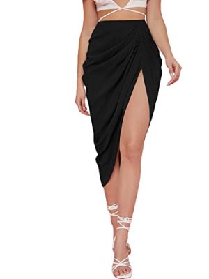 WDIRARA Women's Skirts Split Thigh Front Satin Skirt High Waist Ruched Zip Back WrapMidi Skirt