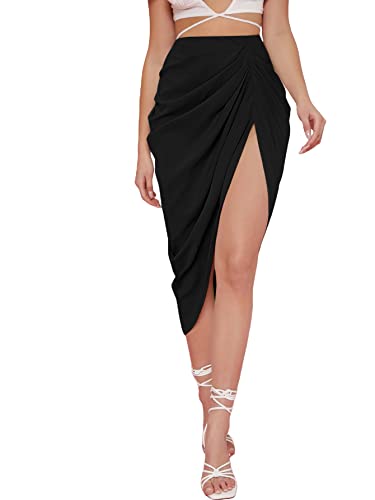 WDIRARA Women's Skirts Split Thigh Front Satin Skirt High Waist Ruched Zip Back WrapMidi Skirt