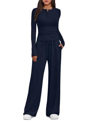 Women's 2 Piece Matching Lounge Sets Fall Fashion Two Pieces Sweat Outfits Long Sleeve Wide Leg Pants Tracksuits