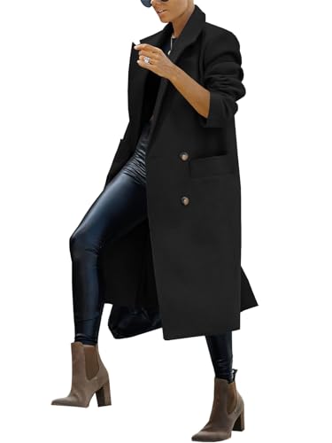 Womens Trench Coat Winter Lapel Double Breasted Long Pea Coat Casual Work Office Overcoat with Pocket