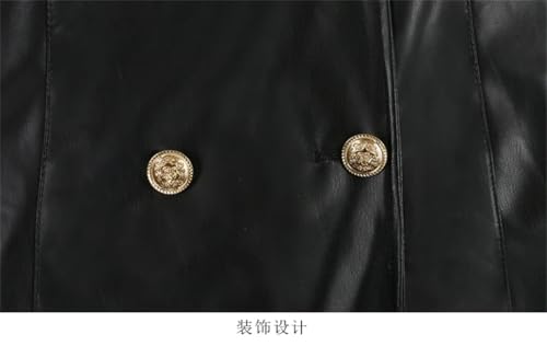 Women Extra Long Red Black Pu Leather Trench Coat Gold Button Double Breasted Elegant Chic Overcoat