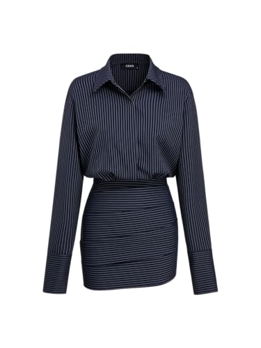 Shirt Dresses for Women Striped Collar Long Sleeve Button Down Cinched Waist Mini Dress Elegant Casual