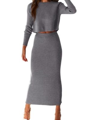 Women's Spring Fall 2 Piece Sweater Set Rib Knit Long Sleeve Crop Top Maxi Bodycon Skirt Casual Winter Outfits