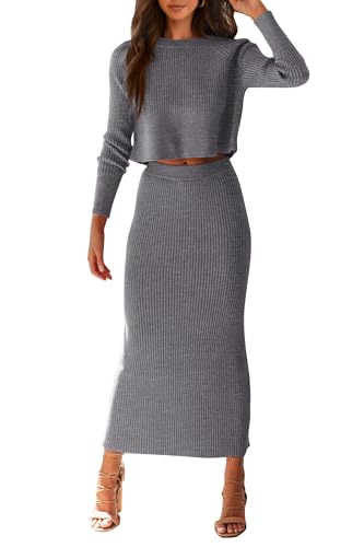 Women's Spring Fall 2 Piece Sweater Set Rib Knit Long Sleeve Crop Top Maxi Bodycon Skirt Casual Winter Outfits