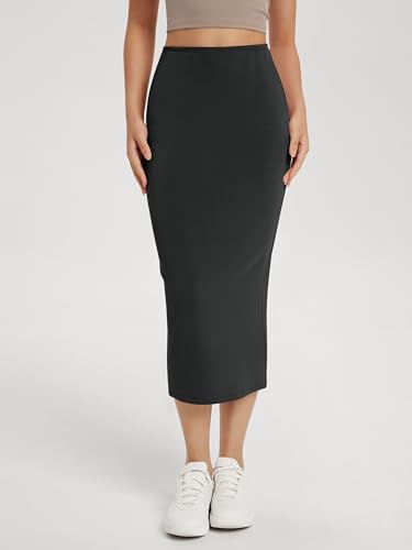 Modal Soft Midi Skirt for Women Back Slit High Waist Casual Long Pencil Skirts with Pockets