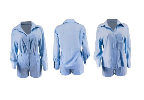 Women's 2 Piece Shirts Outfits Casual Button down Long Sleeve Blouses Tops High Waisted Shorts Sets with Pockets