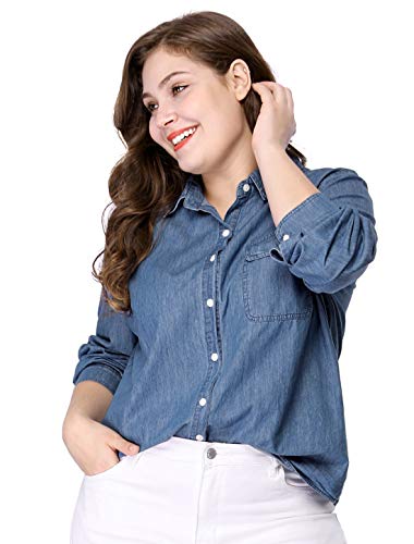 Women's Plus Size Button Down Long Sleeve Chest Pocket Chambray Shirts 2025