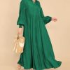 Women's Casual Long Sleeve Button Down Shirt Dress Elegant Pleated Flowy Swing Maxi Dress