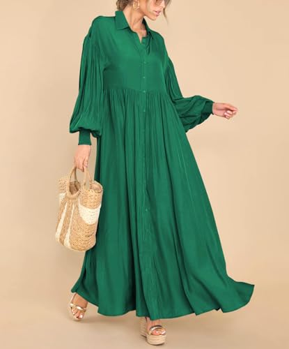 Women's Casual Long Sleeve Button Down Shirt Dress Elegant Pleated Flowy Swing Maxi Dress