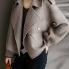 Women Cropped Wool Coats Notched Lapel Pea Coat Open Front Trench Overcoat Jackets with Pockets