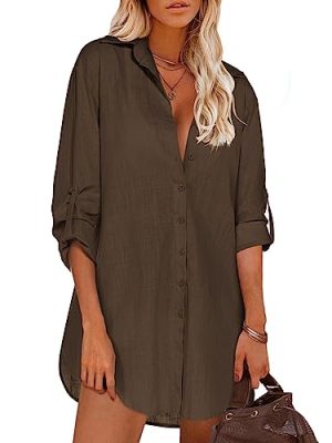 Women Boyfriend Shirts Button Down Long Sleeve Blouse Cuffed Sleeve Collared Shirt