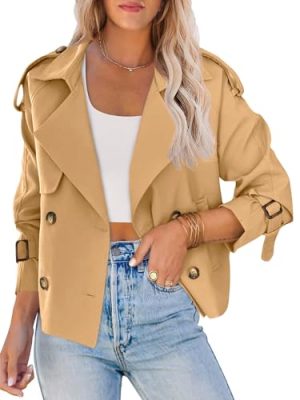 Women Crop Double Breasted Trench Coat Raglan Sleeve Work Office Cropped Jacket With Pockets