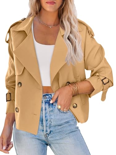 Women Crop Double Breasted Trench Coat Raglan Sleeve Work Office Cropped Jacket With Pockets