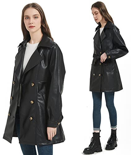 Women Faux Leather Long Jacket,Double Breasted Spring Fall Pleather Casual Lapel Mid Length Trench Coat with Belt