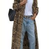 Women's Leopard Print Faux Suede Coat Open Front Notch Lapel Midi Long Winter Trench Coat