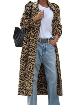Women's Leopard Print Faux Suede Coat Open Front Notch Lapel Midi Long Winter Trench Coat