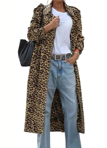 Women's Leopard Print Faux Suede Coat Open Front Notch Lapel Midi Long Winter Trench Coat