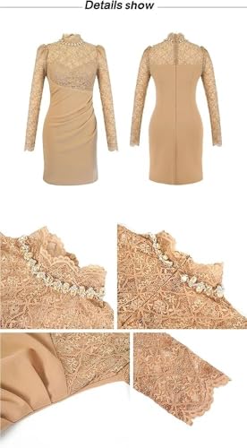 Women's Office Work Dress Lace Trim Pencil Dress Long Sleeve Slim Fit Mini Skirt Elegant Party Dress(Medium)