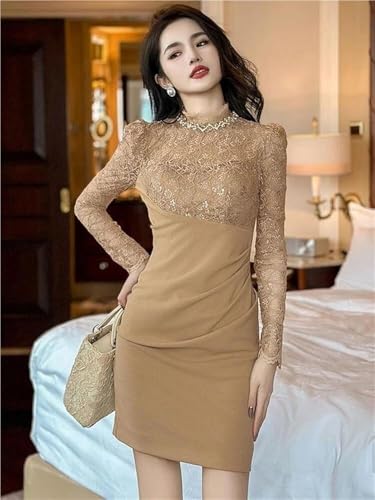 Women's Office Work Dress Lace Trim Pencil Dress Long Sleeve Slim Fit Mini Skirt Elegant Party Dress(Medium)