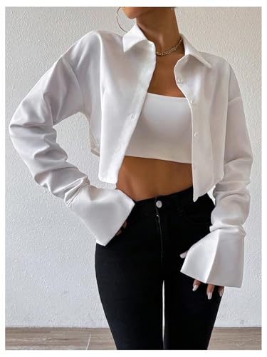 Women's Cropped Button Down Shirts Long Sleeve Collared Crop Tops Office Work Business Outfits