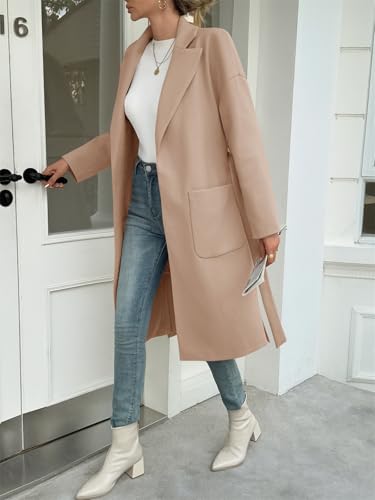 Womens Long Pea Coats Open Front Lapel Jackets Casual Belted Trench Coat Overcoats with Pockets