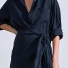 Women Cotton Linen Wrap Shirt Maxi Dress Button Down Long Sleeve Lapel Asym Slit Hem Sundress