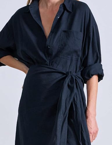 Women Cotton Linen Wrap Shirt Maxi Dress Button Down Long Sleeve Lapel Asym Slit Hem Sundress