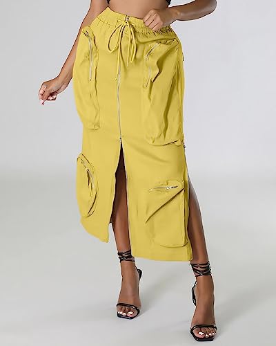 Women's Vintage 90s Drawstring Stretchy Zipper Muti-Pockets Pencil Long Cargo Skirt