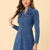 Women's Denim Dress Button Down Collar V Neck Long Sleeve A-line Cotton Jean Dress
