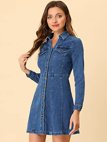 Women's Denim Dress Button Down Collar V Neck Long Sleeve A-line Cotton Jean Dress