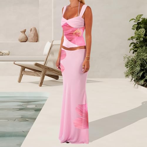 Women Two Piece Maxi Skirt Sets Y2k Floral Print Cami Top Slim Fit Pencil Long Skirt Vacation Beach Outfits