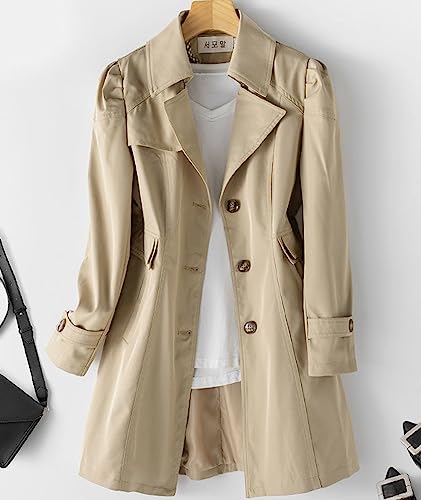 Women's Single Breasted Mid-Length Trench Coat Puff Sleeve Lapel Overcoat Windproof Classic Outerwear