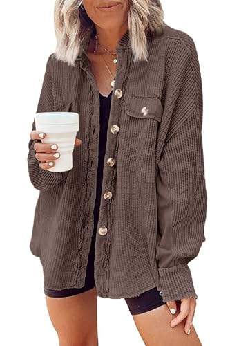 Womens Waffle Knit Shacket Oversized Button Down Shirt Jacket Lightweight Spring Outfits Clothes