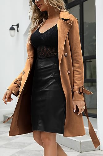 Womens Faux Suede Leather Jacket Spring and Winter Fashion Long Trench Coat, Lightweight Windbreaker