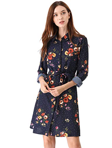Women's Button Down Vintage Polka Dots Dresses Collar Tie Belted Floral Shirt Dress