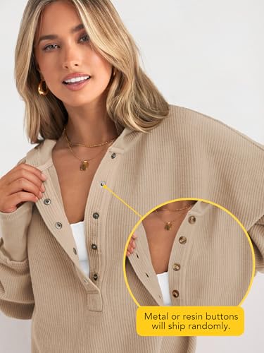 Womens Fashion 2025 Oversized Long Sleeve Hoodie Button Down V Neck Sweatshirt Side Slit Casual Pullover Tops