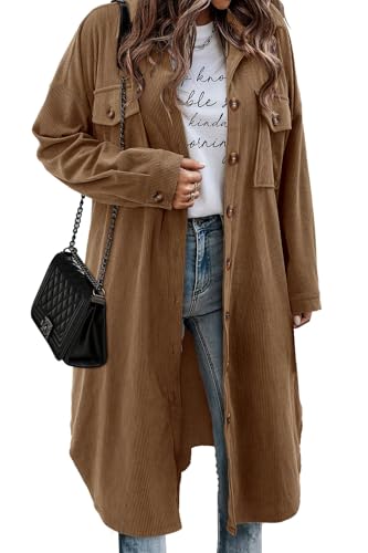 Womens Plaid Shacket Jacket Long Corduroy Shirt Casual Lapel Button Down Flannel Trench Coats