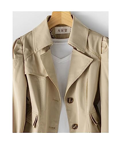 Women's Single Breasted Mid-Length Trench Coat Puff Sleeve Lapel Overcoat Windproof Classic Outerwear