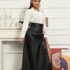Womens High Waisted Sexy Pu Leather Vintage High Split A-Line Swing Long Skirt with Pockets