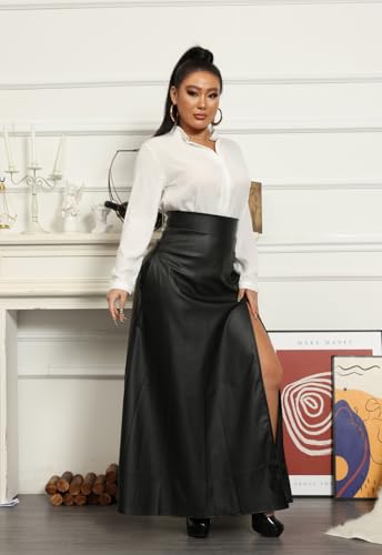Womens High Waisted Sexy Pu Leather Vintage High Split A-Line Swing Long Skirt with Pockets