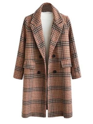 Women's Plaid Trench Coat Oversize Double Breasted Lapel Jacket Mid-Long Winter Pea Coat Overcoat